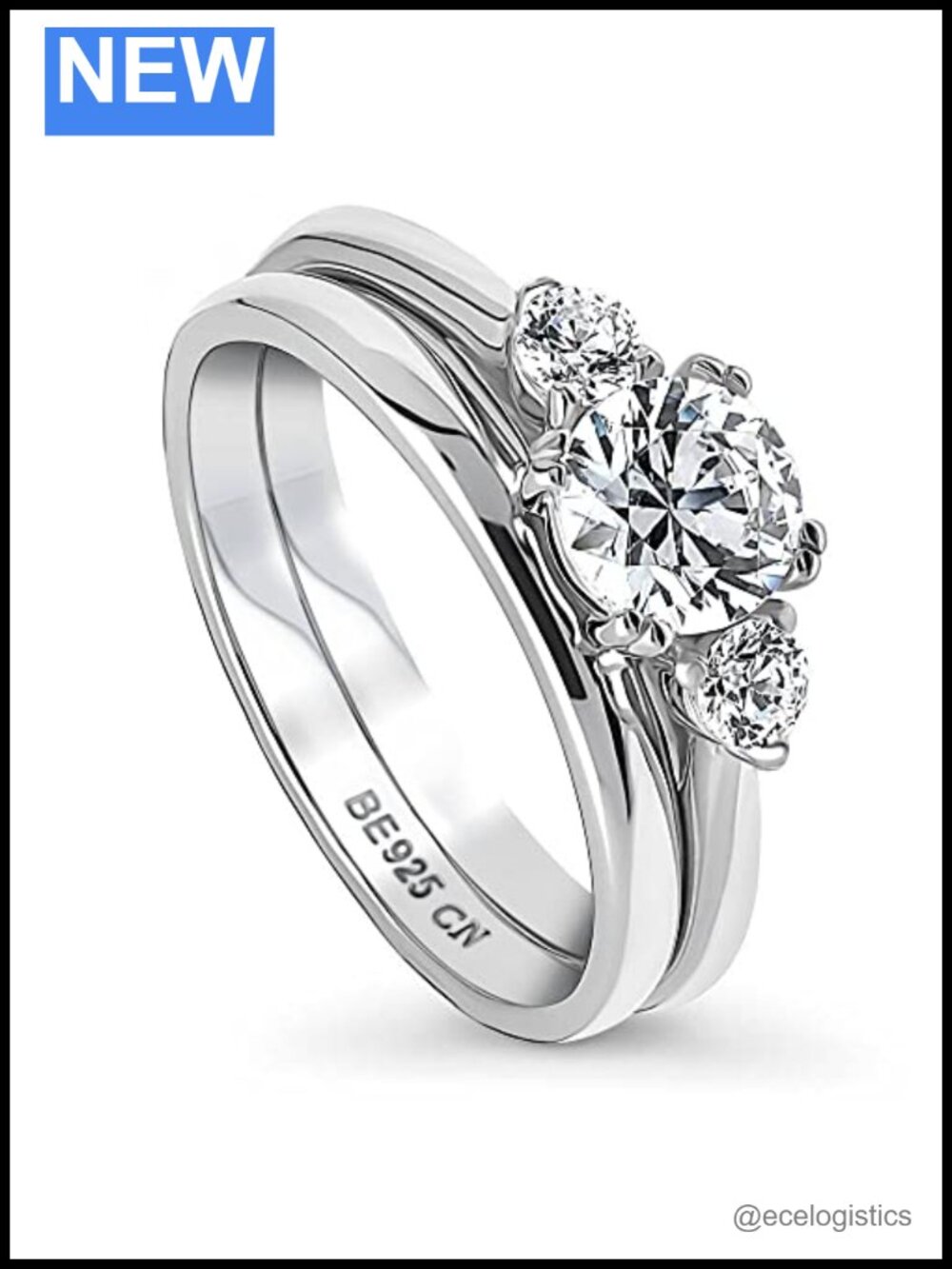 Sterling Silver 3-Stone Engagement Ring Set Stackable Band Cubic Zirconia